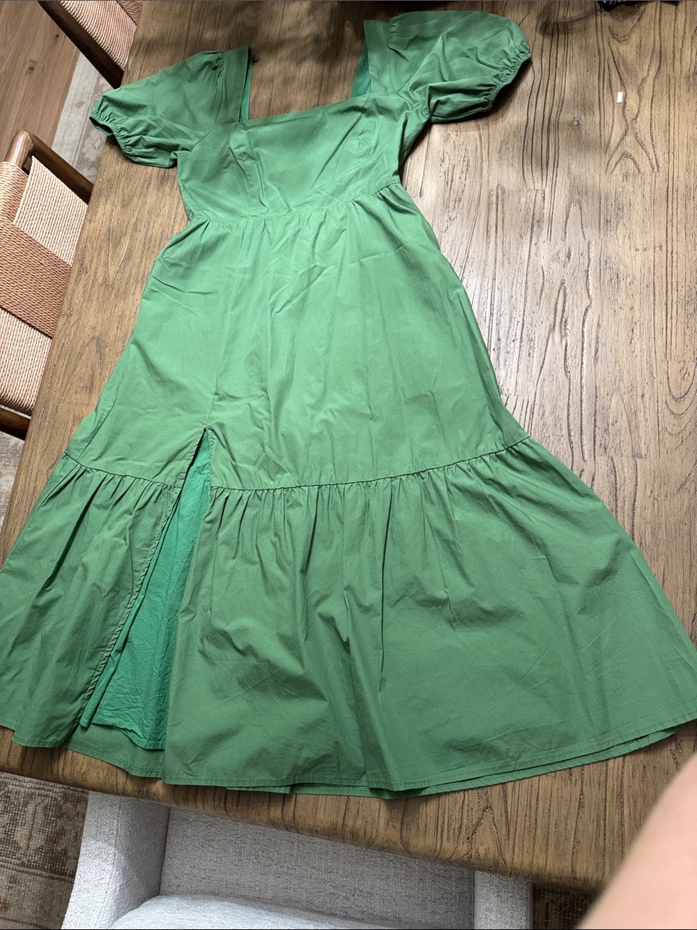 Astr Green Puff-Sleeve Tiered Midi Dress with Front Slit